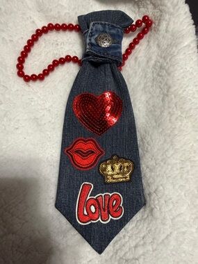 Denim Tie Necklace with Red Sequined Heart & Patches
